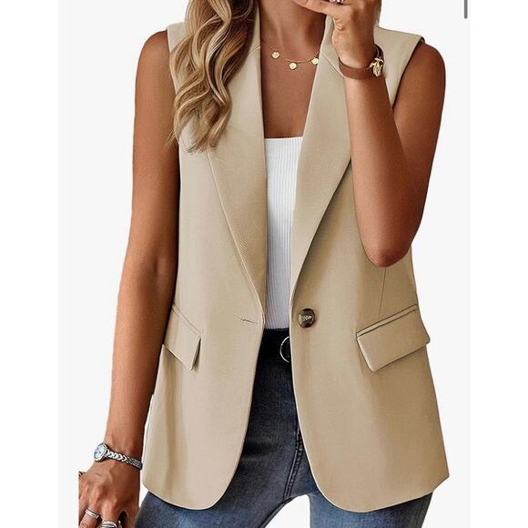 Mina Self Womens Sz M Beige Sleeveless Blazer Vest Minimalist Old Money Classy - Picture 1 of 15